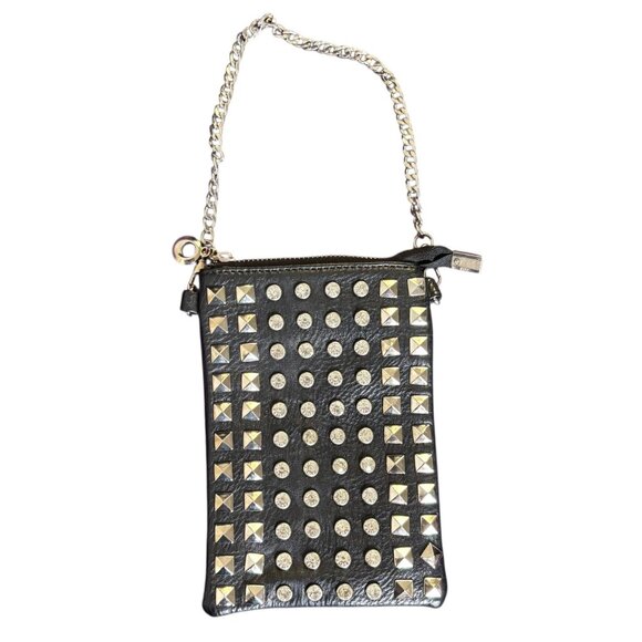 Black Faux Leather Studded Mini Wristlet Purse Chain Strap Zipper Closure - Picture 1 of 5